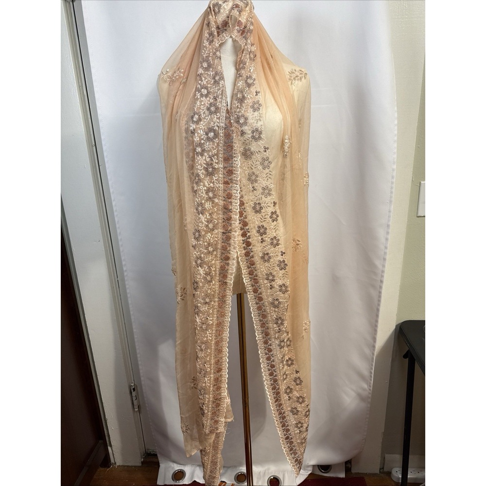 Vintage Sheer Dupatta Like Mesh Long Stole Hand Beaded Peach 92X 30" Scarf
